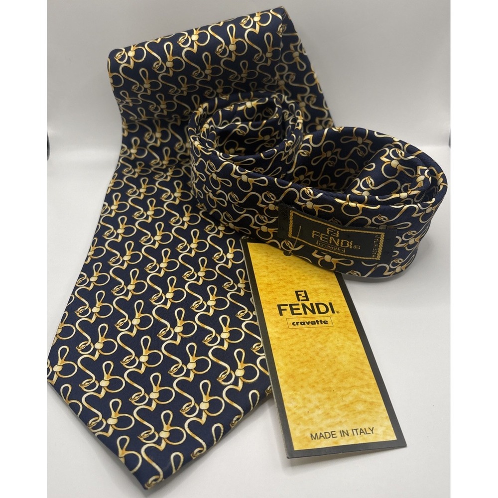 Vintage FENDI Cravatte Designer Tie Navy Blue Gold Charm Design 100% Silk NWT